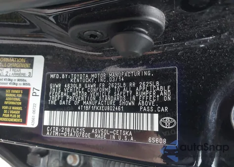 2014 Toyota Camry Se из США, поврежденный, VIN 4T1BF1FKXEU802461